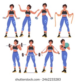 Female Bodybuilder In Various Fitness Poses. Cartoon Vector Illustration Set Showcase Her With Weights, Jump Rope And Performing Exercises, Highlighting Strength, Physical Fitness, And Determination