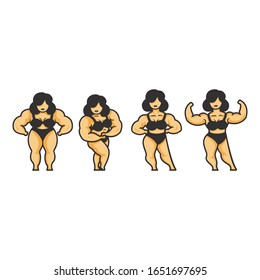 Female Bodybuilding, Set of Women Bodybuilders Cartoon, Vector Illustration .