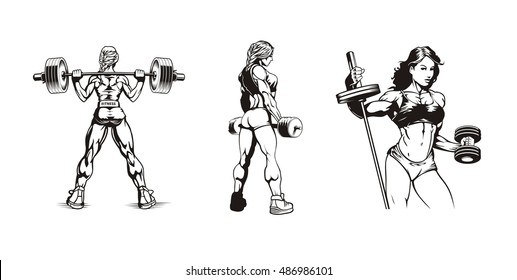 Female Bodybuilding, Set Of Women Bodybuilders, Vector Illustration