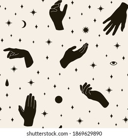 Female Boho seamless pattern in minimal mid century modern style. Vector background with celestial hand gestures design Template. For cosmetics, tattoo, Spa, social media