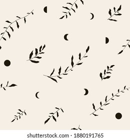 Female Boho seamless pattern in minimal mid century modern style. Vector floral branch background design Template. For cosmetics, tattoo, Spa, social media