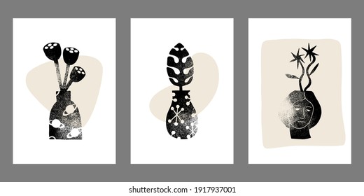 Female Boho vase compositions set. Minimal mid century modern style. Vector logotype design Template with organic grunge texture. Good for cosmetics, beauty, tattoo, Spa, jewelry store, social media