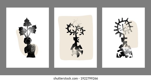 Female Boho vase compositions set. Minimal mid century modern style. Vector logotype design Template with organic grunge texture. Good for cosmetics, beauty, tattoo, Spa, jewelry store, social media