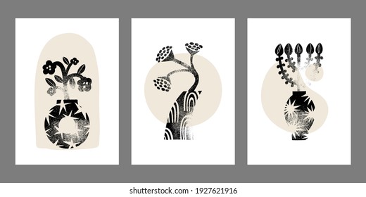 Female Boho vase compositions set. Minimal mid century modern style. Vector logotype design Template with organic grunge texture. Good for cosmetics, beauty, tattoo, Spa, jewelry store, social media