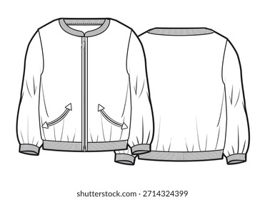 Female bomber jacket vector mockup template technical technical line drawing.