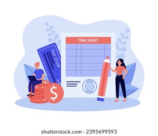 Mujeres encargadas de libros calculan los salarios. Mujeres con laptop y un lápiz enorme cerca de la hoja de tiempo. Ilustración vectorial. Procesamiento de la nómina de sueldos, sueldos de los empleados y concepto de remuneración