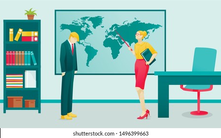 Female Boss Chief Puts On Shame Employee. Woman Leader Blame Staff. Teacher Punish Student. People Characters On Work Or At School. Shelves With Folders, World Map On Wall. Vector Flat Illustration