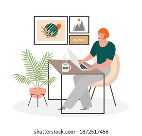 Female boss concept. Business woman working on a computer in a cozy office or from home. Girl sitting at her desk and using laptop. Remote work, freelance concept. Isolated flat vector illustration