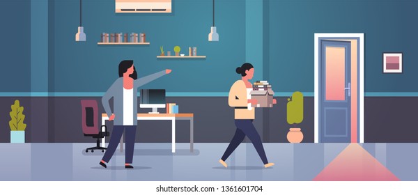 female boss dismisses pointing finger at door fired woman employee with paper documents box dismissal unemployment jobless concept flat modern office interior horizontal