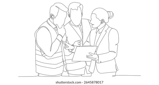  a female boss is explaining the design to two construction workers
