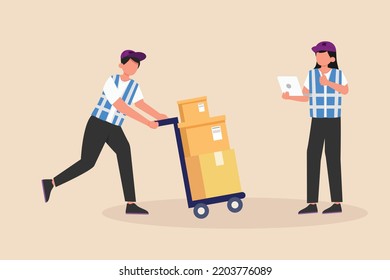 Female Boss Giving Direction To Warehouse Staff. Boss Move Concept. Colored Flat Graphic Vector Illustration Isolated.