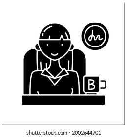 Female boss glyph icon.Successful woman launch startup.Business woman sitting in chair,drinking coffee. Profitable financer,leader.Filled flat sign. Isolated silhouette vector illustration