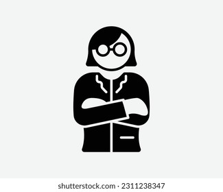 Female Boss Icon. Woman Girl Employer Manager Angry Worker Employee Arm Fold Crossed Sign Symbol Black Artwork Graphic Illustration Clipart EPS Vector