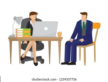 Female boss interview candidate for a vacancy for her company. Concept of job recruitment. Vector illustration. 