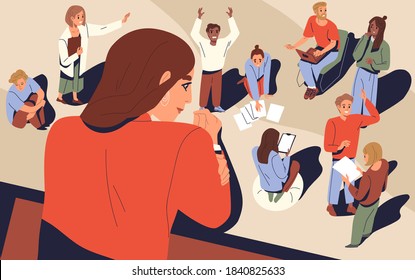 Female Boss Looking At Company Processes Vector Flat Illustration. Diverse People Colleagues During Work Or Job Daily Routine. Concept Of Leadership, Control Of Business Process And Supervision