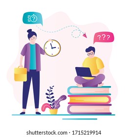 Female boss requires completion deadlines on time. Business man with modern laptop works. Time management and deadline concept. Employee trying to do job on time. Flat trendy vector illustration