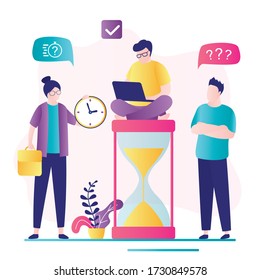 Female boss requires completion deadlines on time. Man worker sitting on hourglass and works. Time management,teamwork and deadline concept. Businessman trying to do job on time. Vector illustration