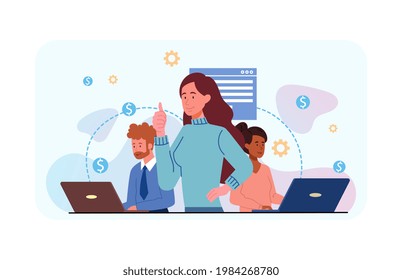 Female boss reward staff for successful completion of the goal. Multiracial dream team leads to victory in business project. Flat abstract cartoon vector concept design isolated on white background.