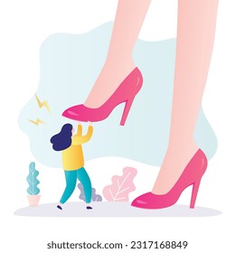 Female boss shoes presses on woman manager. Concept of manipulation and control over people. Bullying and blaming in family, school or office. Businesswoman confronts mental problems, stress. vector