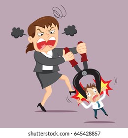 Female Boss squeezing clamp male employee, vector illustration cartoon