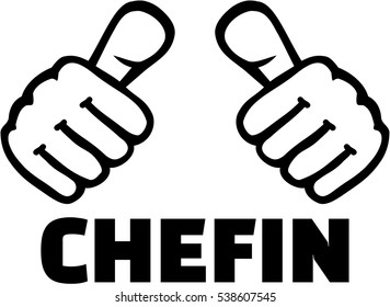 Female boss with thumbs. German.