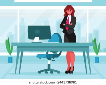 Female boss at workplace. Businesswoman crossing his arms over his chest. Standing confident woman in a suit and tie. Table with computer and armchair. Vector graphics