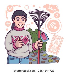 Las mujeres compraron un nuevo rastrillo, listas para limpiar el territorio. Comprando herramientas para jardinero. Concepto de compras y entrega. Ilustración vectorial plana en estilo de dibujos animados en colores verdes