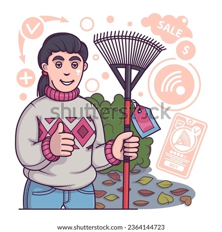 Female bought new rake, ready to clean territory. Buying tools for gardener. Shopping and delivery concept. Flat vector illustration in cartoon style in green colors
