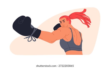 Boxeadora en acción, lanzando puñetazo. Mujer atleta, boxeadora en pose de lucha dinámica en guantes de boxeo. Chica atlética en el deporte de combate. Ilustración vectorial plana aislada sobre fondo blanco