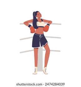 Female Boxer Character Standing Relaxed In A Boxing Ring, Wearing Boxing Gloves And Athletic Attire After Training