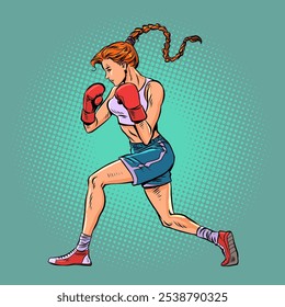 Female boxer at competitions. Sports training in the gym. Healthy lifestyle and maintaining your figure. Pop Art Retro Vector Illustration Kitsch Vintage 50s 60s Style