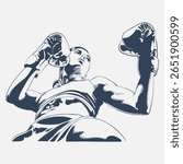 Female boxer in fighting pose low angle view sketch vector, strong athletic woman with gloves, isolated illustration