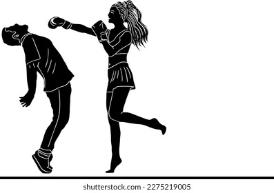female boxer hitting a punch to a man's silhouette, sketch drawing of a woman boxer punching, line art illustration of a girl boxer in action