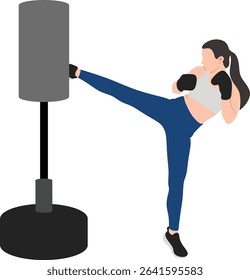 Female boxer kicking a punching bag in the gymnasium