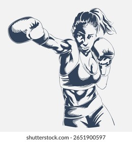 Female boxer punch pose sketch style vector, athletic woman fighter illustration with boxing gloves, isolated on white background