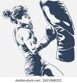 Boxe feminino perfurando almofada de treinamento em pose de treino dinâmico, artes marciais e esporte de combate fitness vetor ilustração isolado no fundo branco