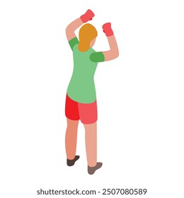 Female boxer is raising her arms in victory after winning a match