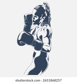 boxeadora feminina em postura pronta com luvas, mulher ajuste muscular em pose de combate, ilustração vetorial desenhada à mão para esportes e temas de fitness