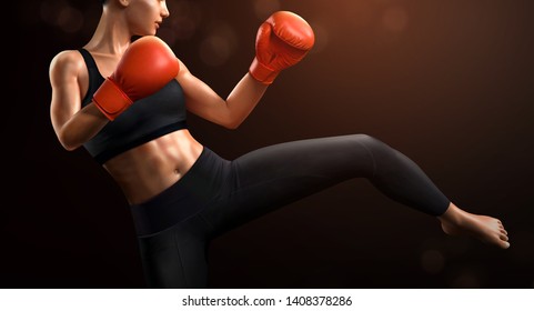 Female boxer with red boxing gloves in 3d illustration