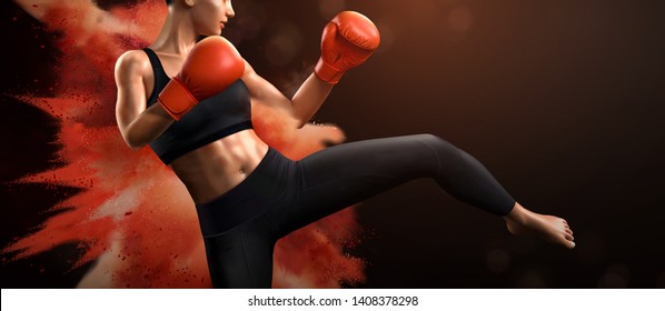 Female boxer with red boxing gloves kicks high in 3d illustration, exploding powder effect on background