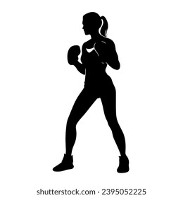 Silueta de Boxer femenino. Icono negro de la mujer del boxeador sobre fondo blanco