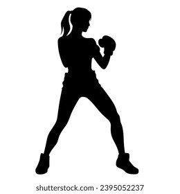 Silueta de Boxer femenino. Icono negro de la mujer del boxeador sobre fondo blanco