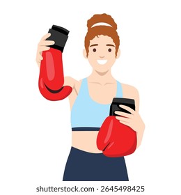 Female boxer in sports attire, confidently holding a pair of red boxing gloves. Flat vector illustration isolated on white background