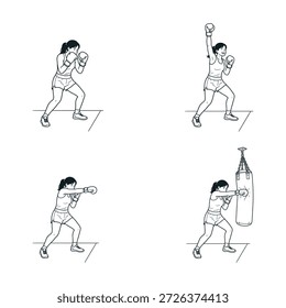 Poses de treinamento de boxeador feminino conjunto incluindo guarda postura punch técnica vitória pose e saco pesado prática linha arte vetor ilustração isolado no branco