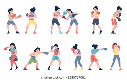 Boxeadoras. Mujeres luchando con guantes de boxeo, puñetazos en sparring y entrenamiento personal. Atletas de la muchacha de la lucha libre, personajes recientes del Vector de la mujer fuerte