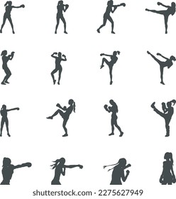 Female boxing silhouettes, Boxing silhouette set, Female boxing silhouette, Boxing SVG