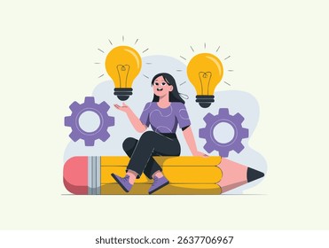 Female Brainstorming Vector — Creative Ideas Flat Vector Art