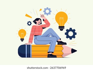 Female Brainstorming Vector — Creative Ideas Flat Vector Art