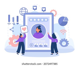 Female Brand Owner Managing Online Presence. Woman Working On Personal Branding Strategy Flat Vector Illustration. Management, Internet, Marketing Concept For Banner, Website Design Or Landing Page