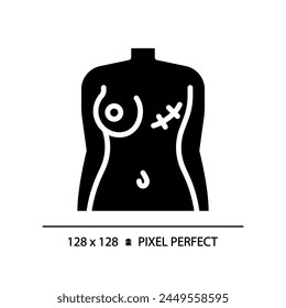 Female breast cancer black glyph icon. Gynecological disease, surgery scar. Woman body trauma. Medical condition. Silhouette symbol on white space. Solid pictogram. Vector isolated illustration
